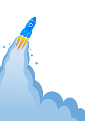 A space rocket with a window flies high to the stars. Behind it is a fiery flame. Cartoon illustration on white background