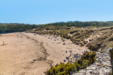 A view over Barafundle beach and sand dunes on the Pembrokeshire coast, South Wales in springtime