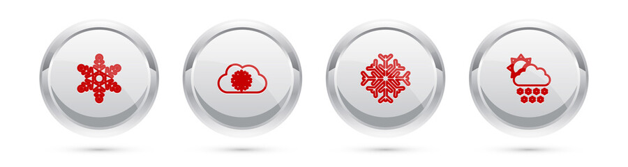 Set line Snowflake, Cloud with snow, and and sun. Silver circle button. Vector