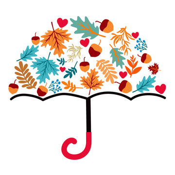Umbrella with leaves, Autumn vector illustration art.