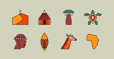 Africa culture travel icon flat outline cartoon set