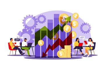Fototapeta na wymiar Sales managers. Growth chart. Sales growth sales promotion and operations concept. Vector illustration. Flat.