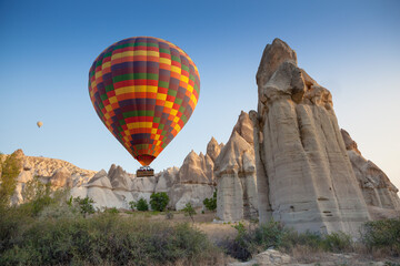 Flying hot air balloon in Turkey Cappadocia, Love Valley