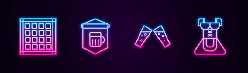 Set line Checkered napkin, Signboard with glass of beer, Glass and Costume for women dirndl. Glowing neon icon. Vector