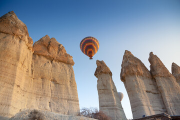 Flying hot air balloon in Turkey Cappadocia, Love Valley