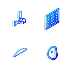 Set Isometric line Checkered napkin, Beer tap, Homemade pie and Steak meat icon. Vector