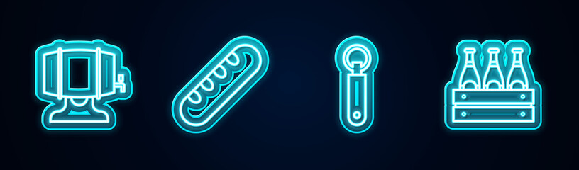 Set line Wooden barrel on rack, French baguette bread, Bottle opener and Pack of beer bottles. Glowing neon icon. Vector