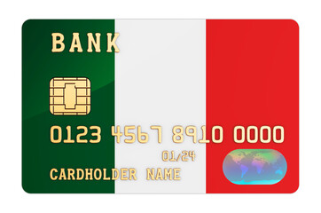 Bank credit card featuring Italian flag. National banking system in Italy concept. 3D rendering