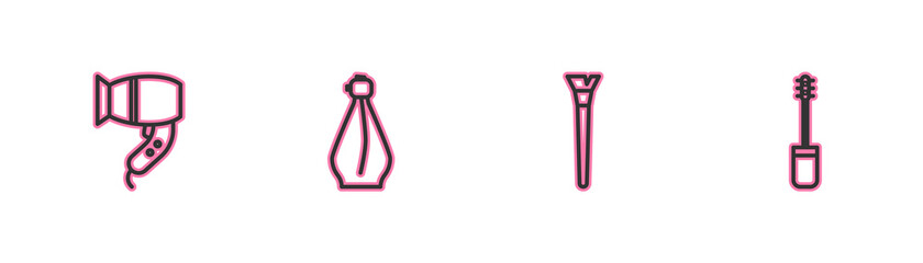 Set line Hair dryer, Makeup brush, Perfume and Mascara icon. Vector