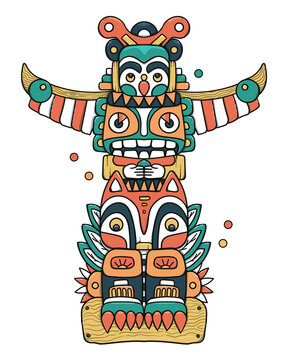 Colorful indian totem, clan, tribe. Wooden symbol. Flat cartoon vector illustration, white background.