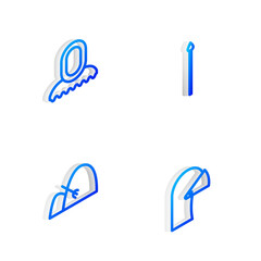 Set Isometric line Medieval spear, hood, Bale of hay and rake and iron helmet icon. Vector
