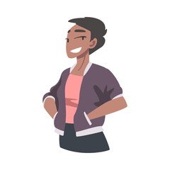 Cheerful Confident Girl Standing with her Hands in Pockets, African American Woman Expressing Positive Emotions, Self Pride, Acceptance, Esteem Vector Illustration