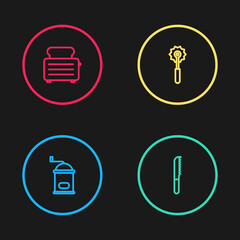 Set line Manual coffee grinder, Bread knife, Pizza and Toaster with toasts icon. Vector
