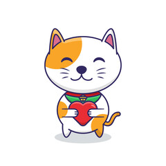 Cute Cat hugging love heart, Animal Wildlife Icon Concept Isolated Premium Vector. Flat Cartoon Style