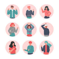Fototapeta na wymiar Boys and Girls Showing Hand Sign Gestures Set, Teenagers Expressing Positive Emotions, Nonverbal Communication Concept Cartoon Vector Illustration