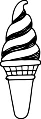 Set of hand drawn ice cream.  ice cream cone, waffle, waffle cup, popsicle, ice cream balls dessert.  illustration in doodle style black and white isolated on white background