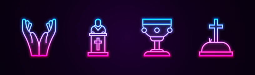 Set line Hands in praying position, Church pastor preaching, Christian chalice and Tombstone with cross. Glowing neon icon. Vector