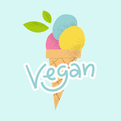 Vegan ice cream logo with lettering. Cute dairy free frozen fruit dessert sorbet in cone with leaf.