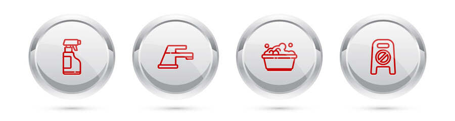 Set line Spray bottle with detergent liquid, Water tap, Plastic basin soap suds and Wet floor and cleaning progress. Silver circle button. Vector