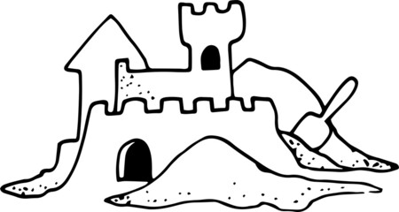 Single element of sand castle in doodle summer set. castle in the mountains