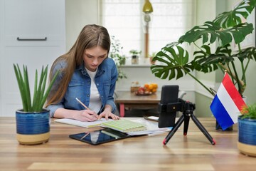 Female student sitting at home studying online, looking at smartphone webcam