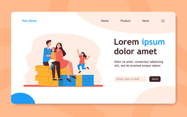 Happy parents with kids sitting on pile of coins. Dollar, money, children flat vector illustration. Finance and family concept for banner, website design or landing web page