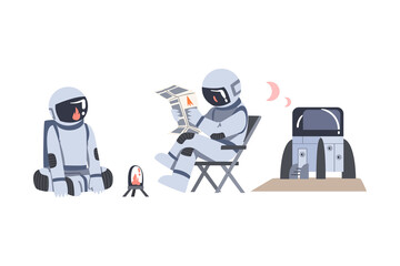 Space Tourists Wearing Spacesuits Camping on Mars or Moon, Space Tourism Concept Cartoon Vector Illustration © topvectors