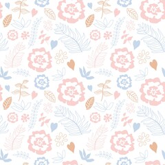 Fototapeta na wymiar Abstract line drawing pattern with flowers. Minimalistic style line drawing flowers, leaves, hearts on white background. Pastel color elements