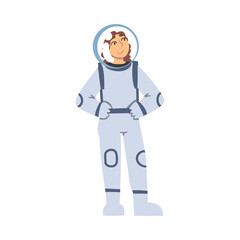 Fototapeta premium Cheerful Woman Astronaut in Space Suit, Space Tourist Character Cartoon Vector Illustration