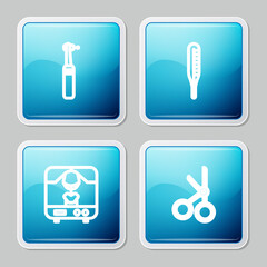 Set line Tooth drill, Medical thermometer, X-ray machine and scissors icon. Vector