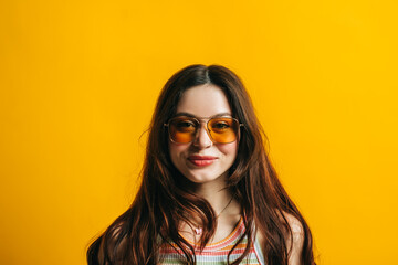 Portrait of attractive stylish woman in sunglasses with long brunette hair isolated on yellow background in studio.