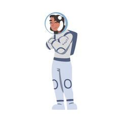 Cheerful Woman Astronaut Standing with Folded Arms, Space Tourist Character Cartoon Vector Illustration