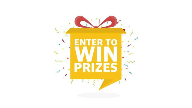 Enter to win prizes. Prize box opening and exploding with fireworks and confetti. Motion graphics.