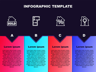 Set line Hanging sign with text Sold, House plan, percant discount and Search house. Business infographic template. Vector