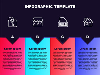 Set line House with key, Market store, Hanging sign Sale and . Business infographic template. Vector