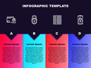 Set line Folder and lock, Lock, Server, Data, Web Hosting and Mobile with closed padlock. Business infographic template. Vector