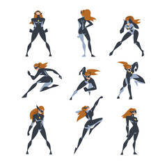 Beautiful Girl Superhero in Action Set, Superwoman Character Dressed Black Costume and Mask Cartoon Vector Illustration © topvectors