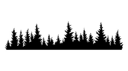 Fototapeta premium Fir trees silhouettes. Coniferous spruce horizontal background pattern, black evergreen woods illustration. Beautiful hand drawn panorama of a coniferous forest