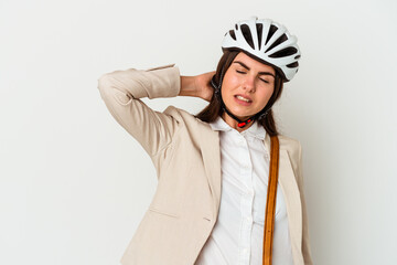 Young caucasian woman riding a bicycle to work isolated on white background touching back of head, thinking and making a choice.