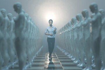 businesswoman walks in a human cloning factory