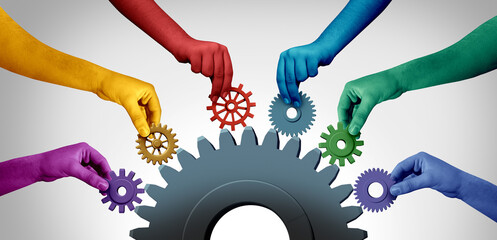 Business teamwork unity and connecting team concept idea as an industry metaphor for joining a partnership as diverse people connected together as a corporate symbol for cooperation