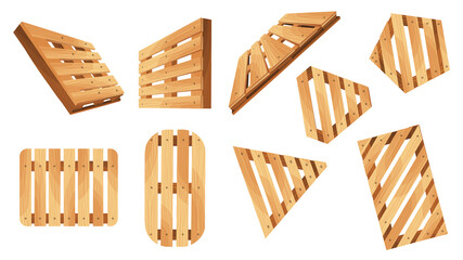 Wooden pallet. Platforms for freight transportation collection. Cargo logistics and distribution. Cartoon set of wood pallet  icons for web design