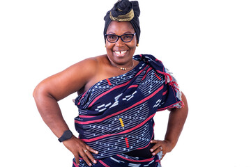 close-up of a beautiful African woman in happy traditional dress.
