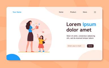 Happy mother giving crown to her little daughter. Kid, party, princess flat vector illustration. Celebration and holiday concept for banner, website design or landing web page