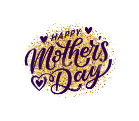Happy Mother's Day greeting card, poster, banner. Hand lettering text second version. Vector calligraphy with floral elements vignette. Gold luxuary background