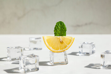 Lemon slice with leaf of mint on cube of ice. Citrus ship on ice. Concept of cold summer drink.