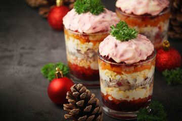 Dressed herring or herring under fur - traditional Russian salad