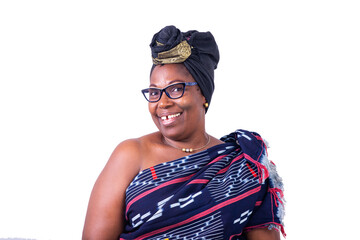 close-up of a beautiful African woman in happy traditional dress.
