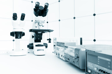 Measuring instruments in a modern physics research laboratory.