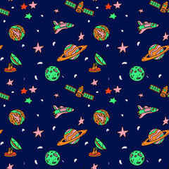 Children's space background, with satellite dish, rockets, solar space station and starship
